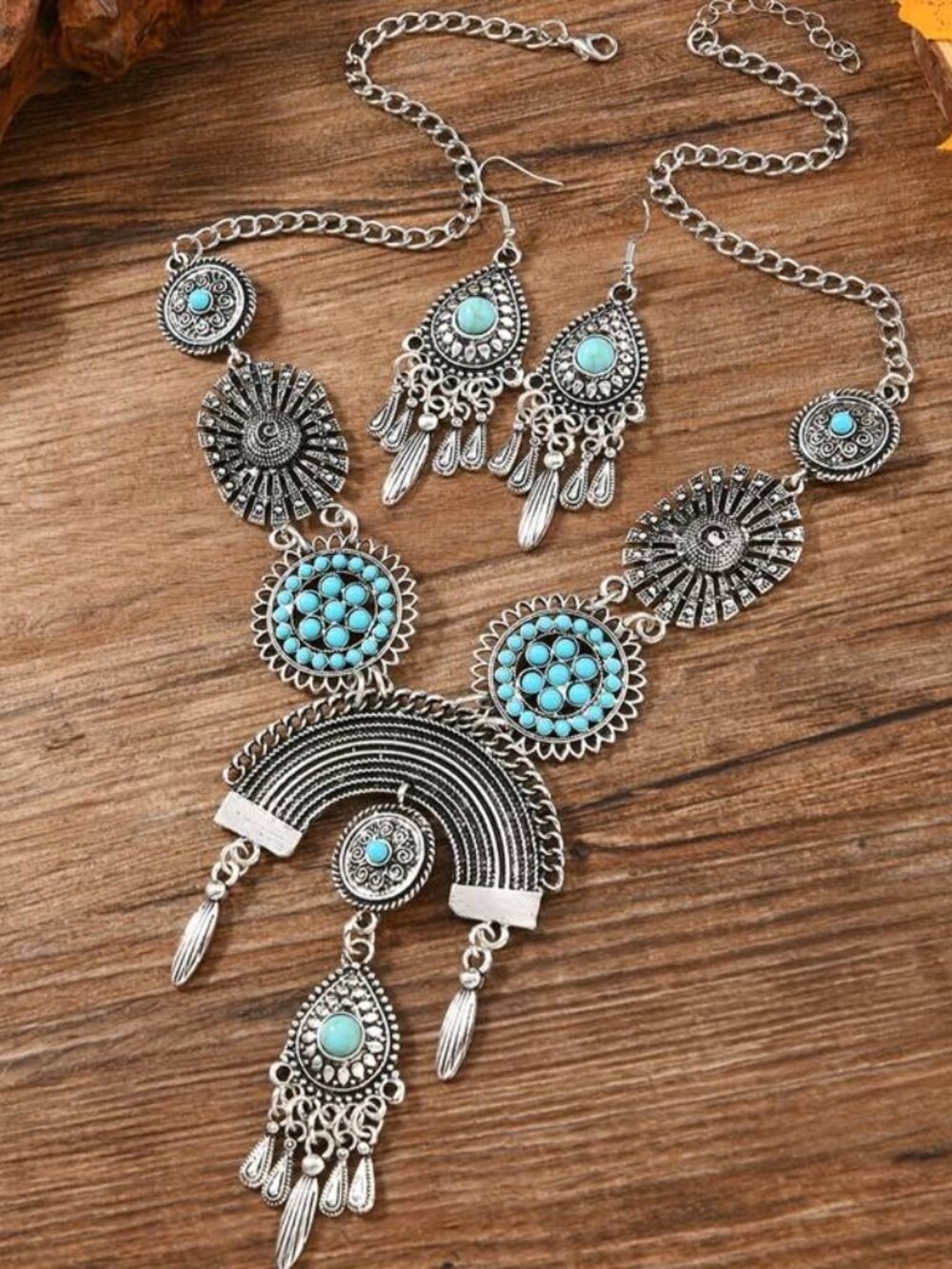 057 White Blue Bohemian Style Colorful Drop Necklace Set